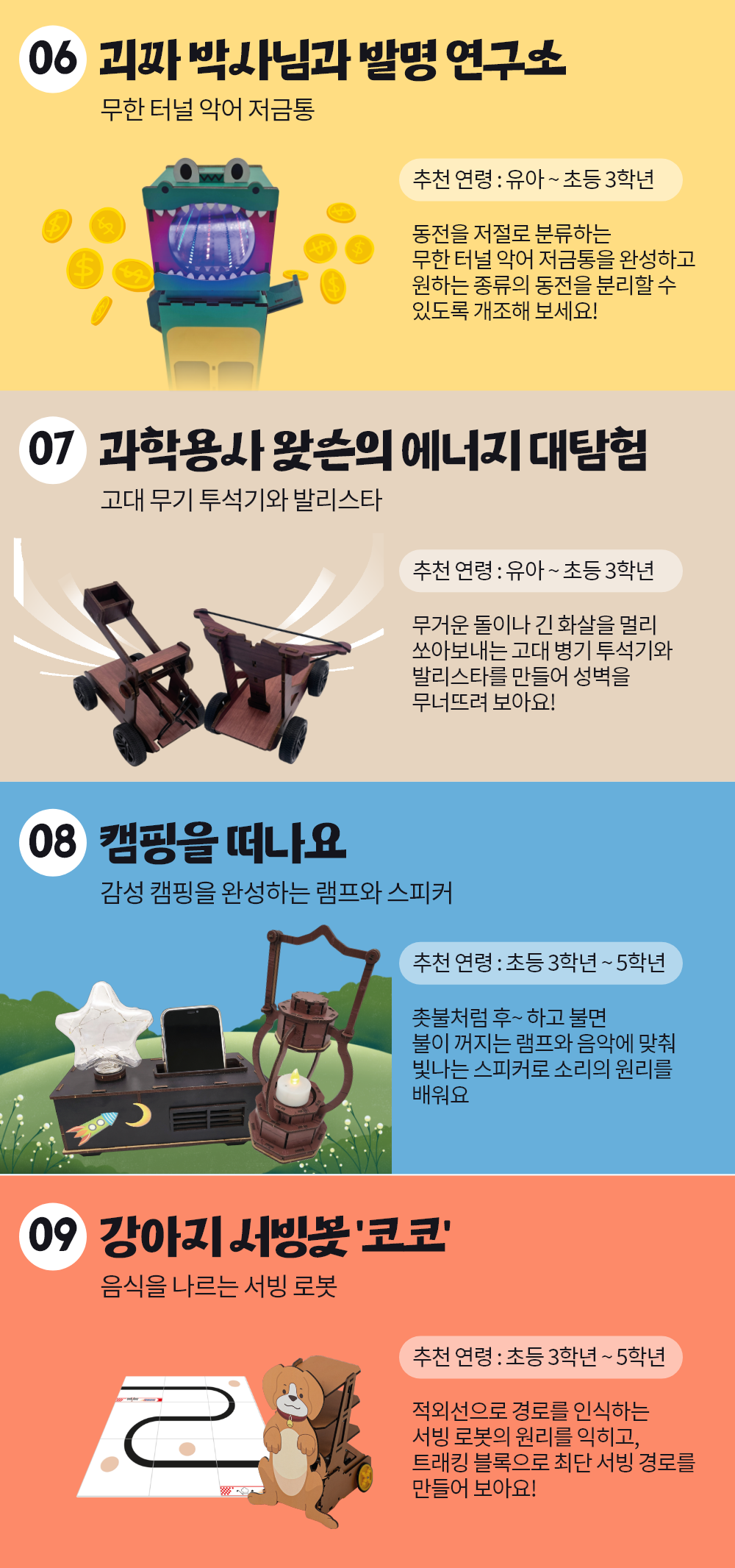 왓슨 과학키트 06~09번 소개. 06 괴짜 박사님과 발명 연구소(무한터널악어저금통), 07 과학용사 왓슨의 에너지 대탐험(고대병기투석기발리스타), 08 캠핑을 떠나요(캠핑랜턴블루투스스피커), 09 강아지 서빙봇 코코(적외선서빙로봇). 유아~초등 5학년 추천 어린이 과학탐구 DIY 조립키트.